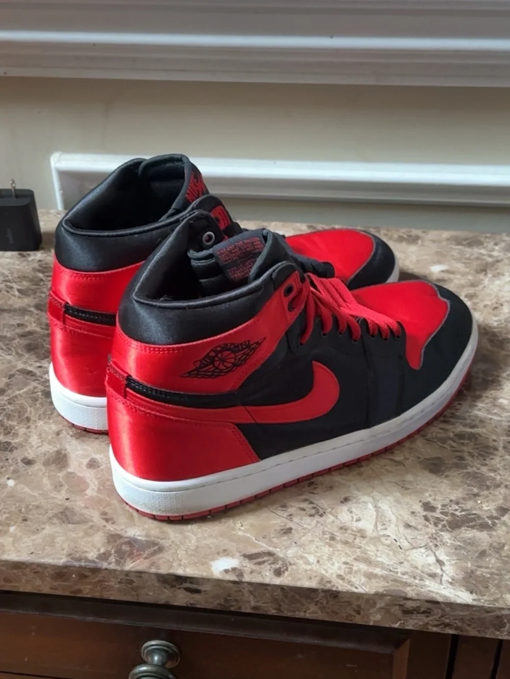 Men's Red and Black High-Top Air Jordan 1 satin bred
